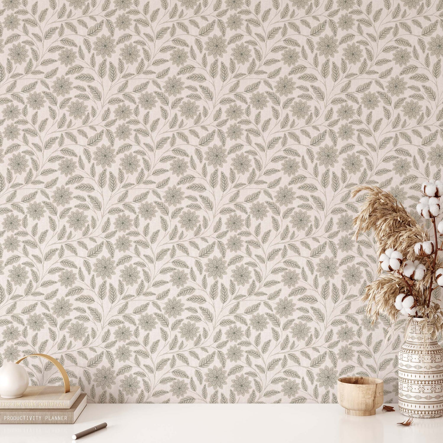  The Verdant Whispers Wallpaper in Ivory shown in an office.