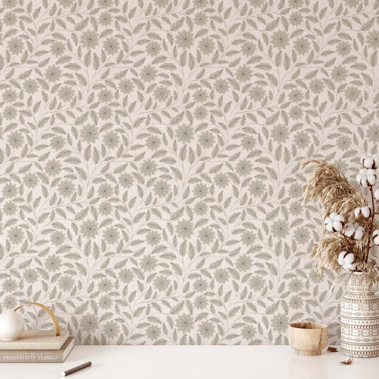  The Verdant Whispers Wallpaper in Ivory shown in an office.