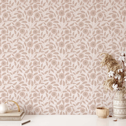 The Verdant Whispers Wallpaper in Rose shown in an office.