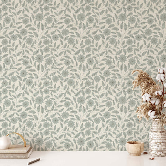 Verdant Whispers Wallpaper in Sage shown in an office.