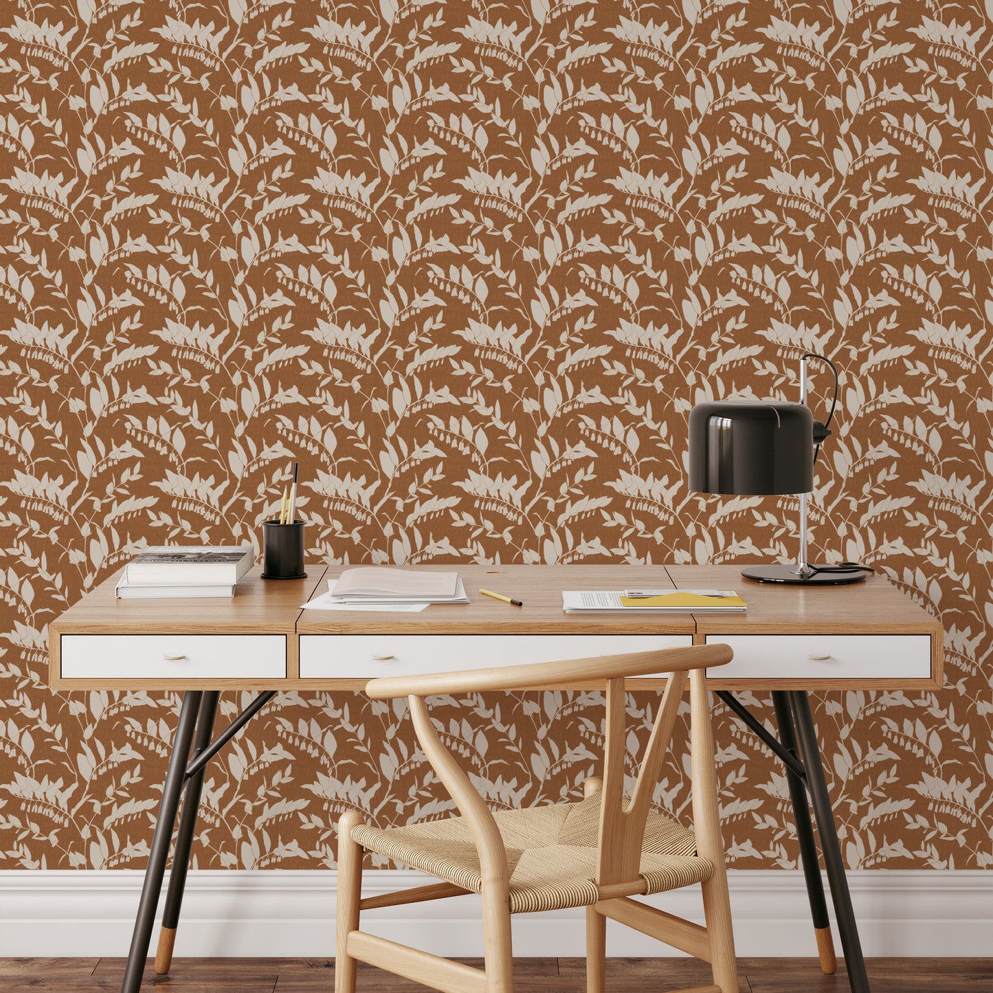 Vines Wallpaper in Rust adds an appreciation of understated chicness to any interior, offering a funky and moody essence to any space it graces.