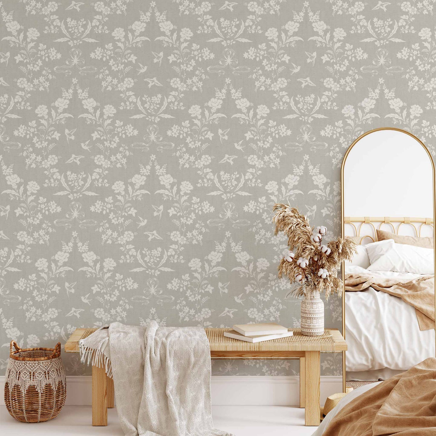 Coquette Vintage Garden Wallpaper in Soft Olive shown in a living room.