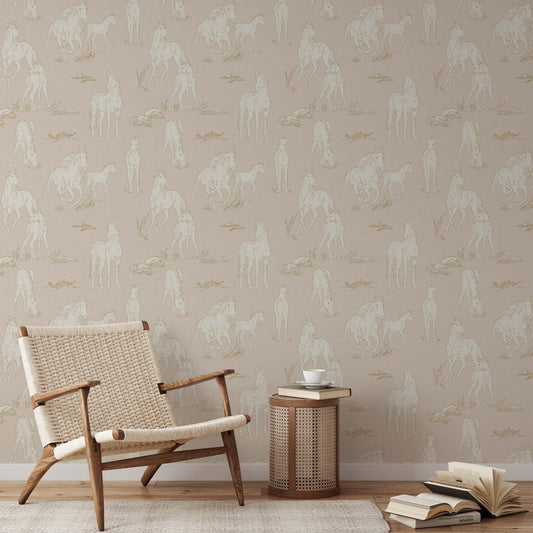 Vintage Charm Horses Wallpaper - Sand shown in a room