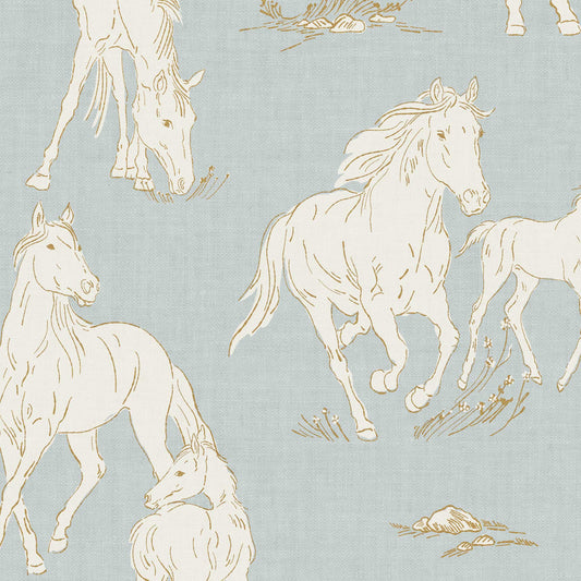 Closeup view of Vintage Charm Horses Wallpaper - Pale Blue