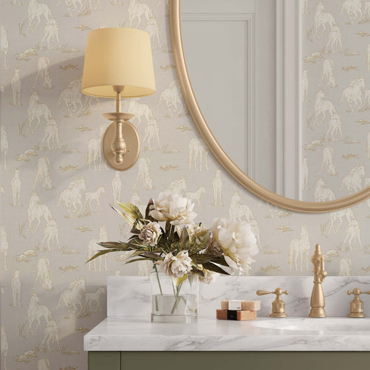 Vintage Charm Horses Wallpaper - Gray shown in a bathroom