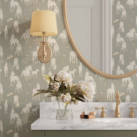 Vintage Charm Horses Wallpaper - Sage shown in a bathroom
