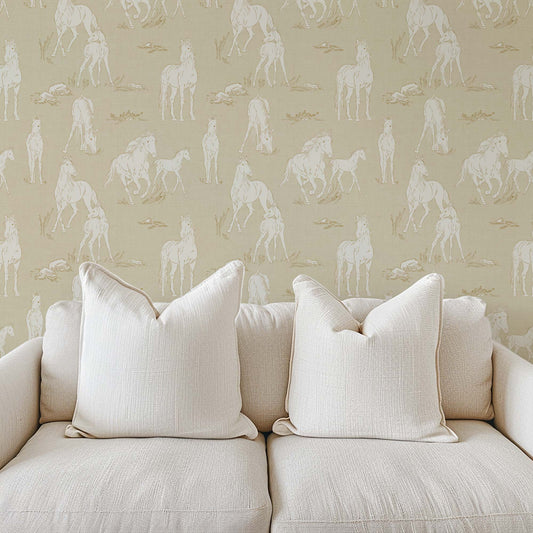 Vintage Charm Horses Wallpaper - Beige shown in an office