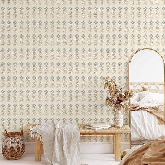 Stamped Garden Rows Wallpaper in Butter shown in a living room.