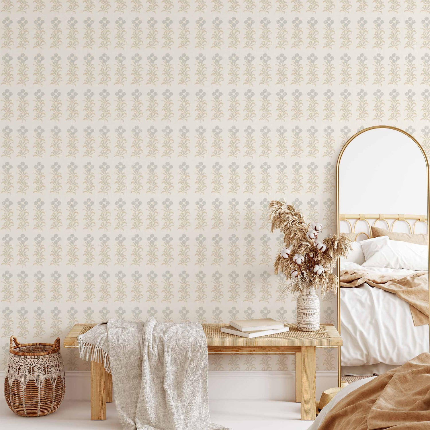 Stamped Garden Rows Wallpaper in Cream shown in a living room.