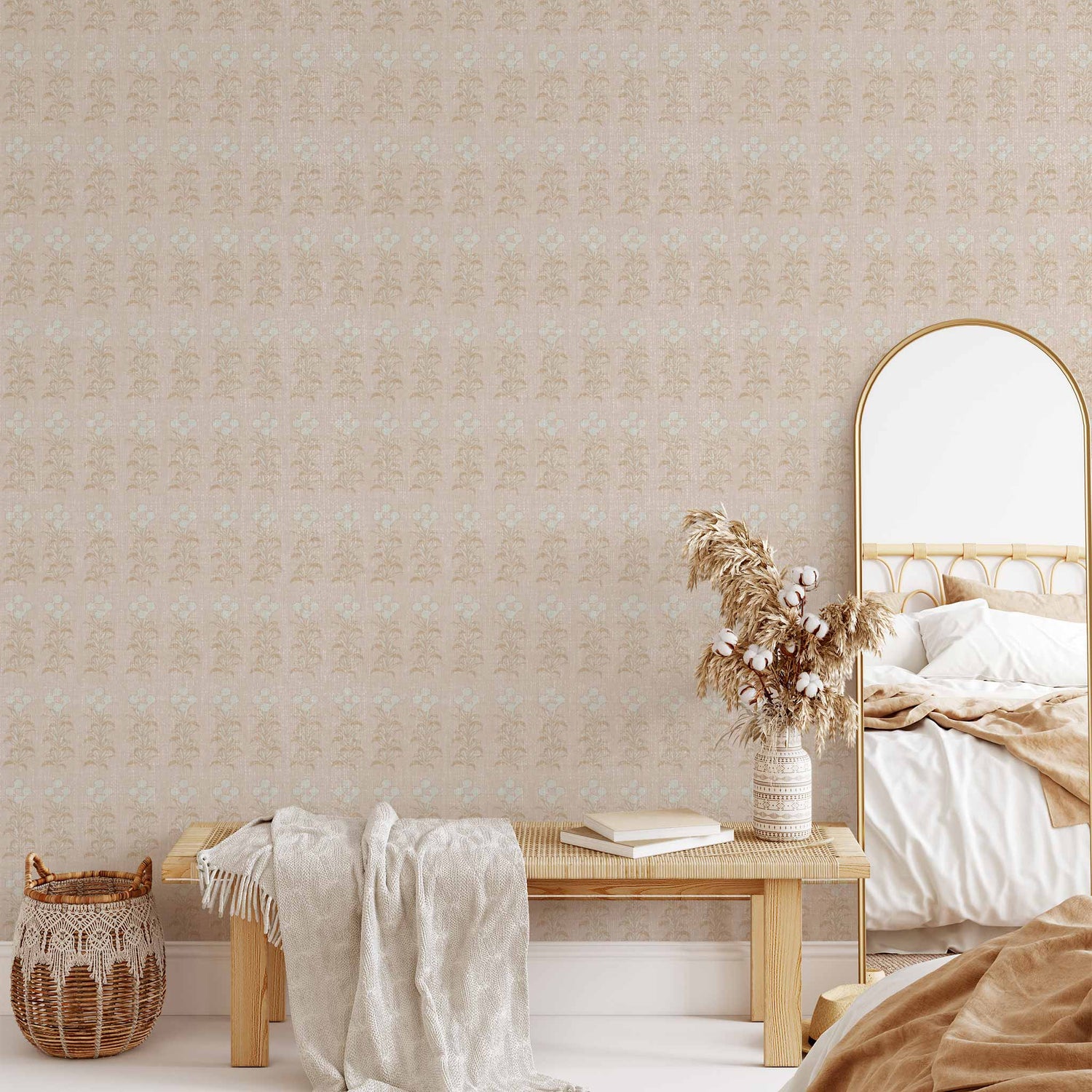 Stamped Garden Rows Wallpaper in Dusty Peach shown in a living room.