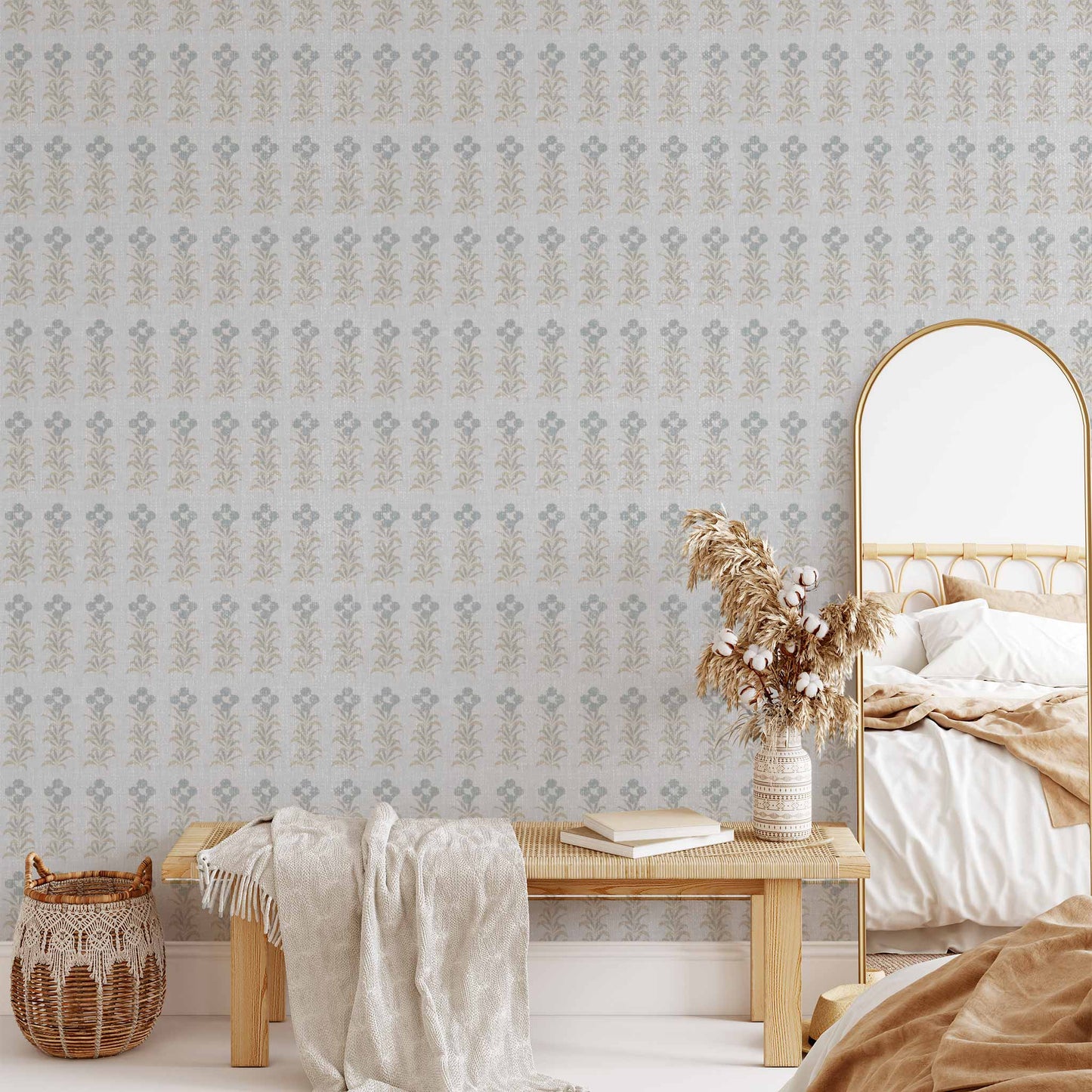 Stamped Garden Rows Wallpaper in French Blue shown in a living room.