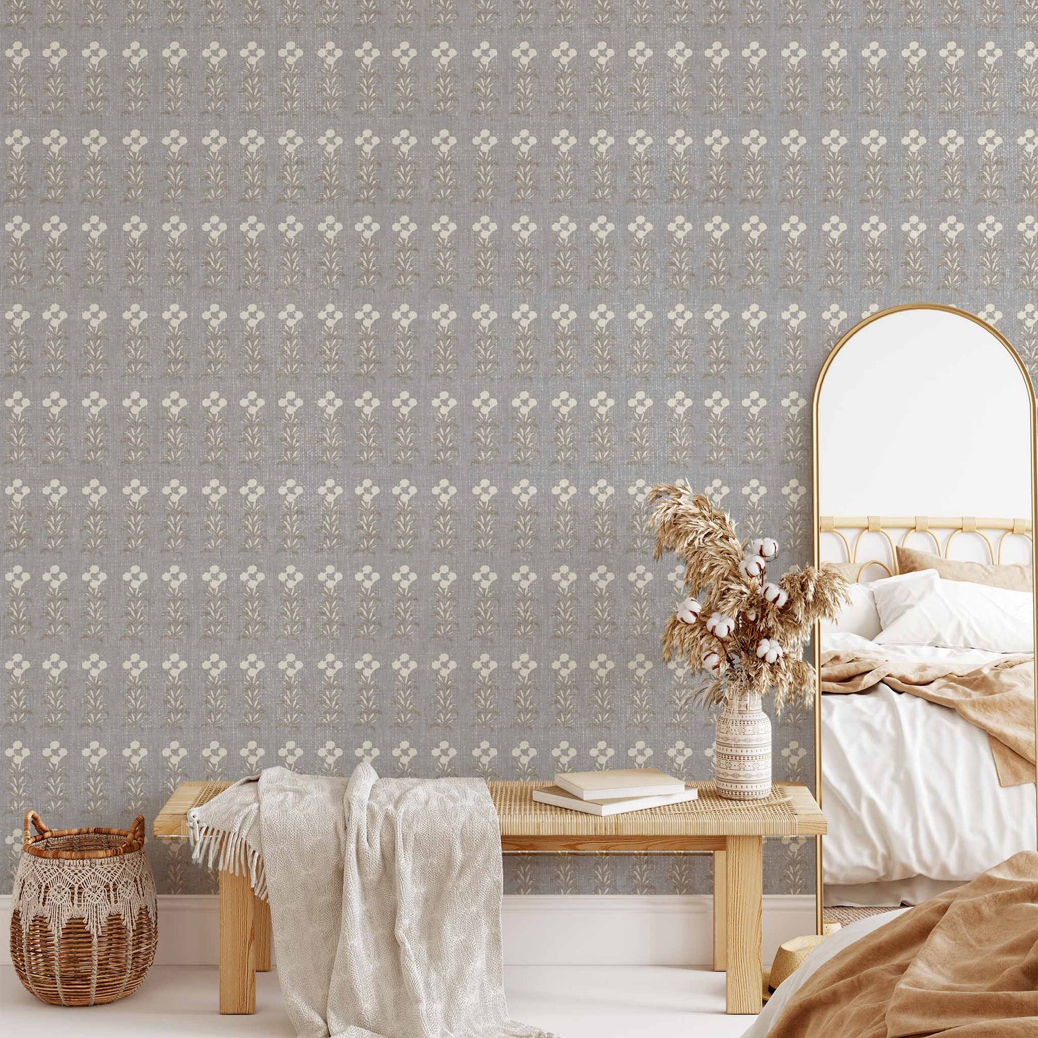 Stamped Garden Rows Wallpaper in Gray shown in a living room.