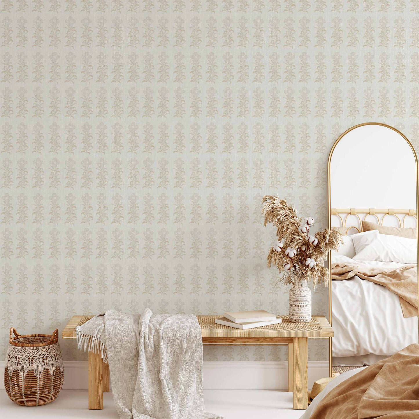 Stamped Garden Rows Wallpaper in Light Gray shown in a living room.