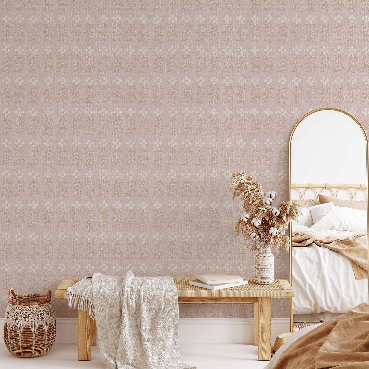 Stamped Garden Rows Wallpaper in Rose shown in a living room.