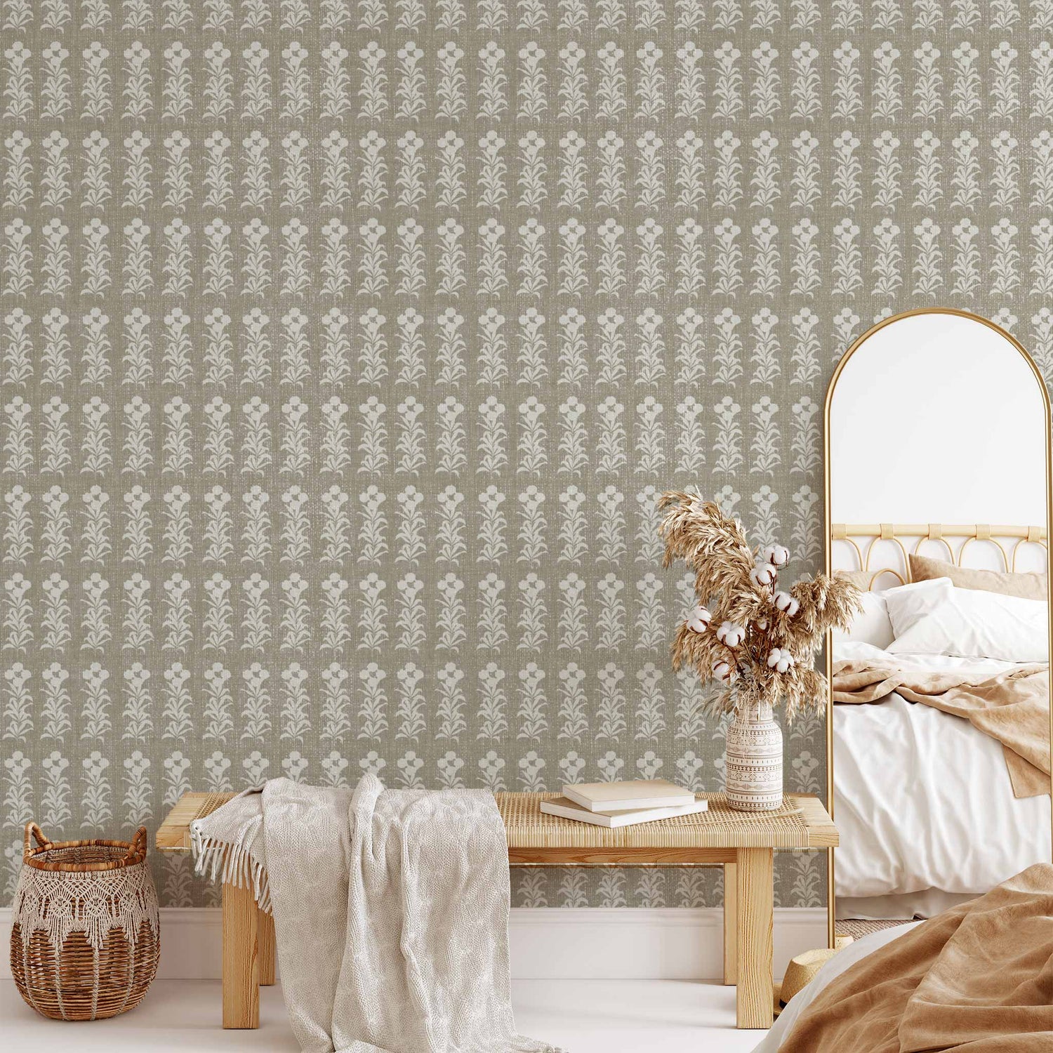 Stamped Garden Rows Wallpaper in Sage shown in a living room.