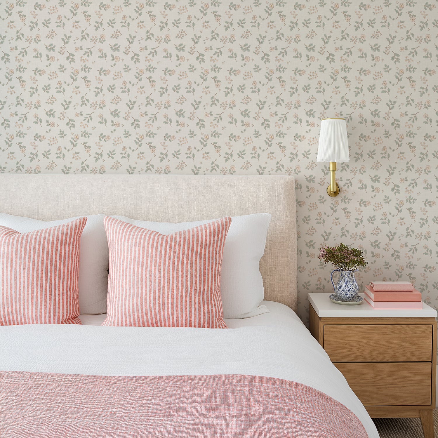 A styled bedroom scene featuring floral wallpaper with pink and green botanical motifs, a cream upholstered bed headboard, white bedding, pink striped pillows, a light wood nightstand, and a wall-mounted gold sconce.