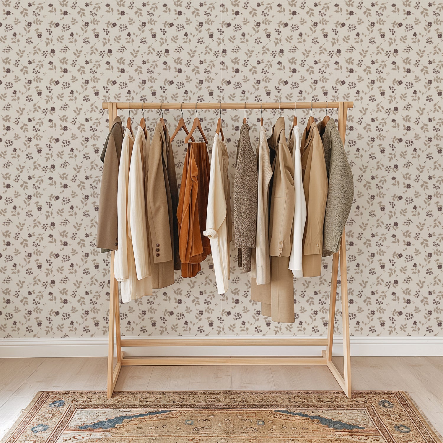 Vintage Serenity Wallpaper in Brown shown in a closet.