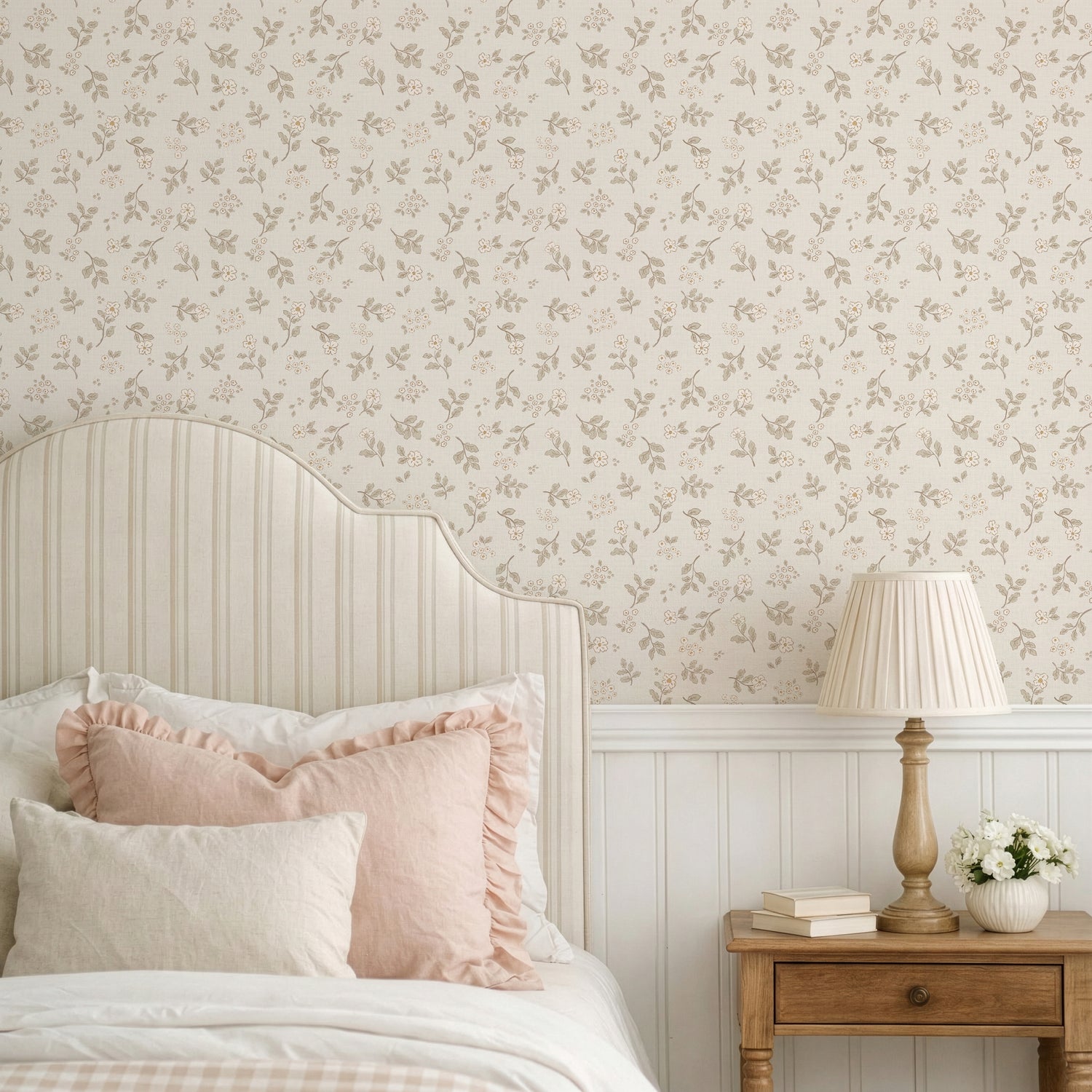 Vintage Serenity Wallpaper in Cream shown in a bedroom.