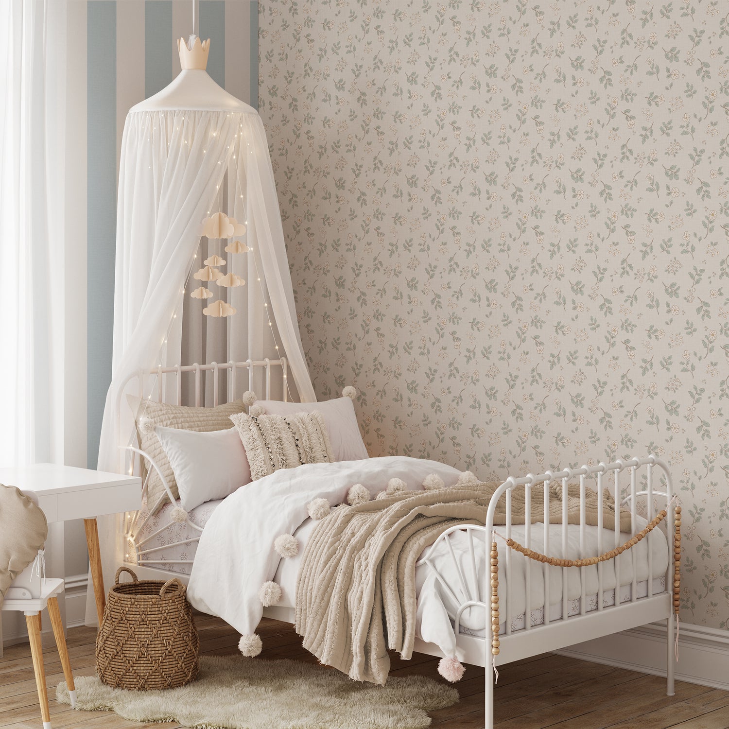 Vintage Serenity Wallpaper in Green shown in a girls room.