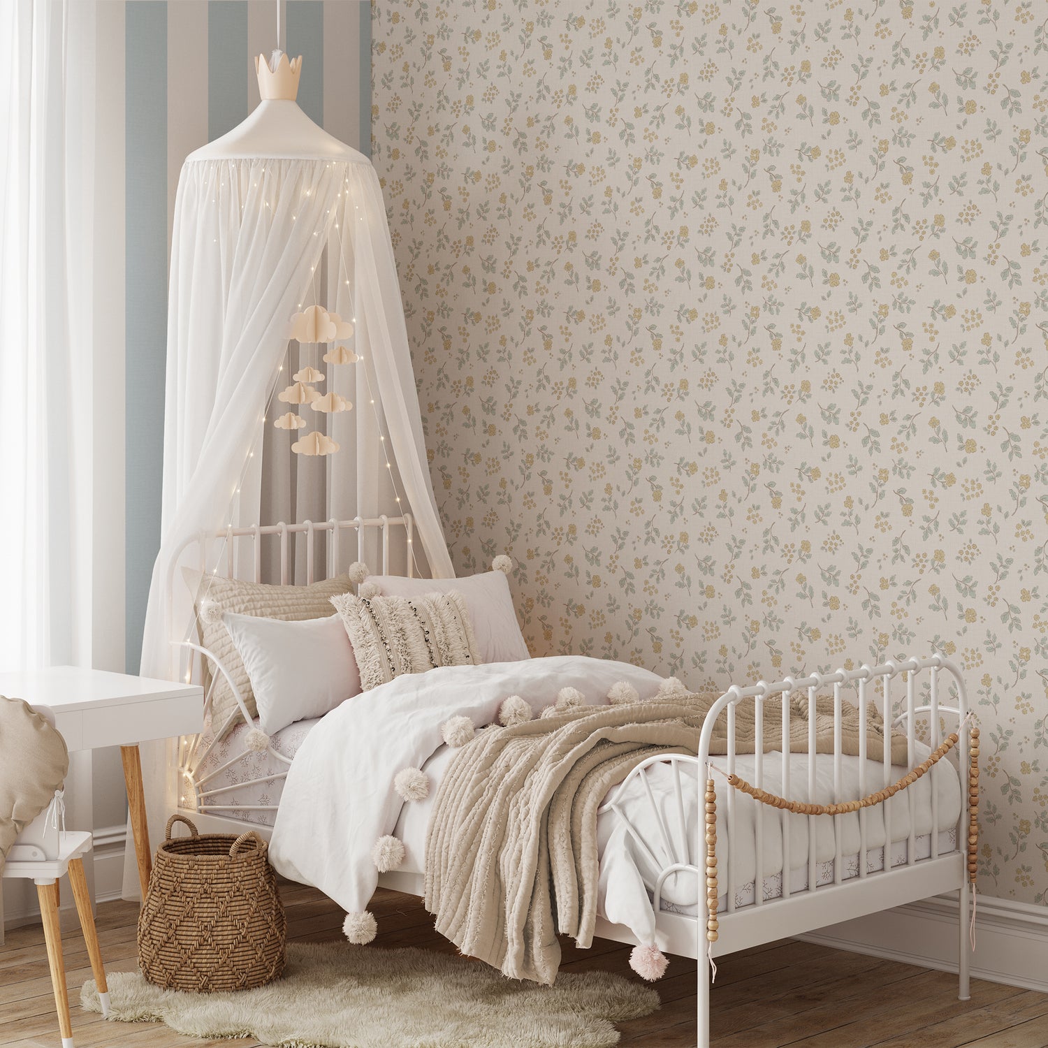 Vintage Serenity Wallpaper in Yellow shown in a girls room.