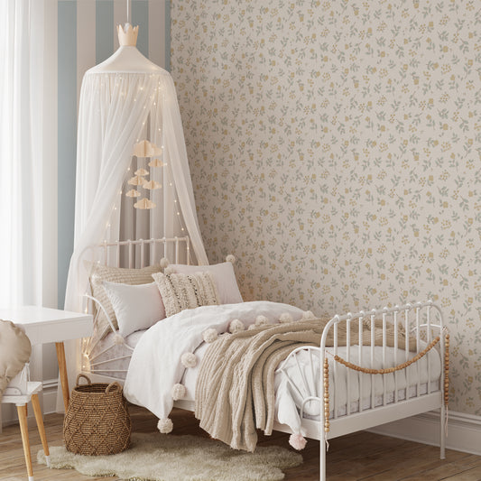 Vintage Serenity Wallpaper in Yellow shown in a girls room.