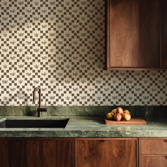 The Vintage Bloom Mosaic wallpaper in Brown shown in a kitchen.
