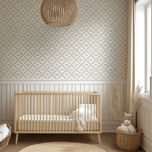 Vintage Bloom Mosaic Wallpaper in Minty Green shown in a nursery.