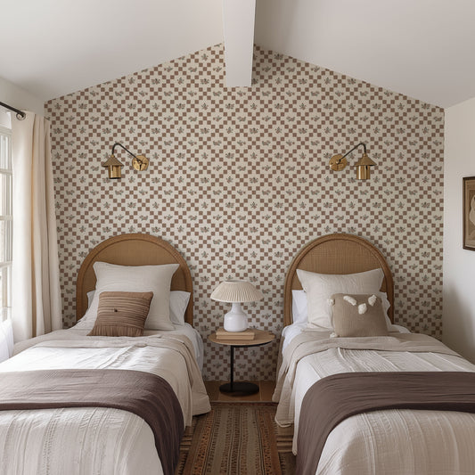 Vintage Bloom Mosaic Wallpaper in Mocha Mousse shown un a bedroom.