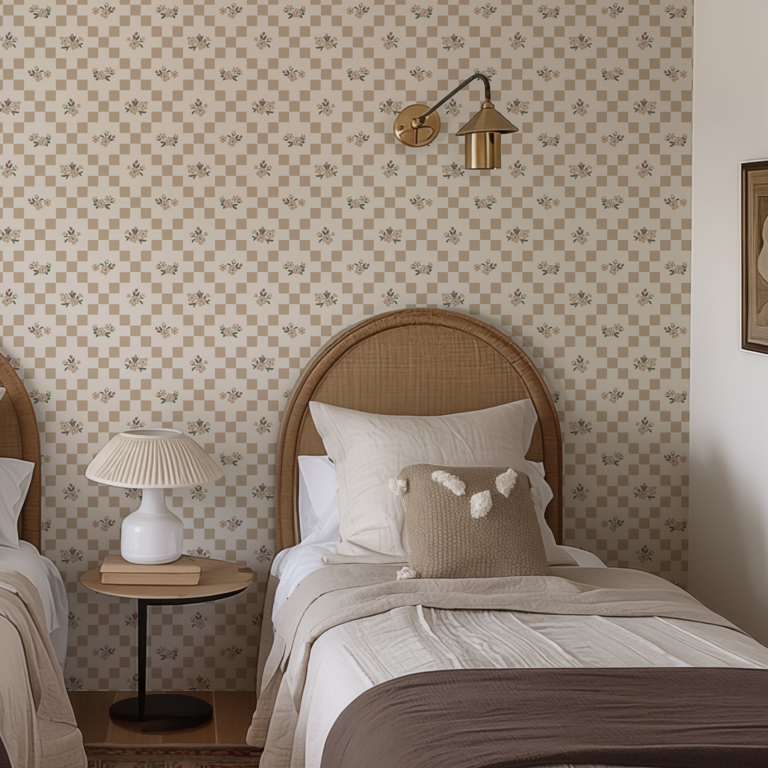 Vintage Bloom Mosaic Wallpaper in Natural shown in a bedroom.