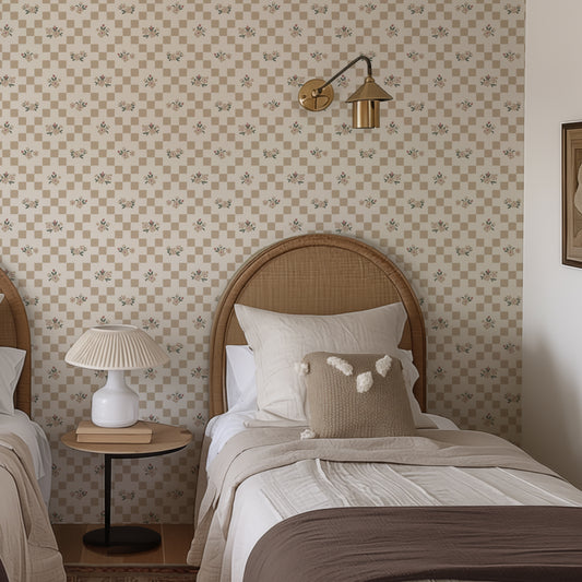 Vintage Bloom Mosaic Wallpaper in Natural shown in a bedroom.