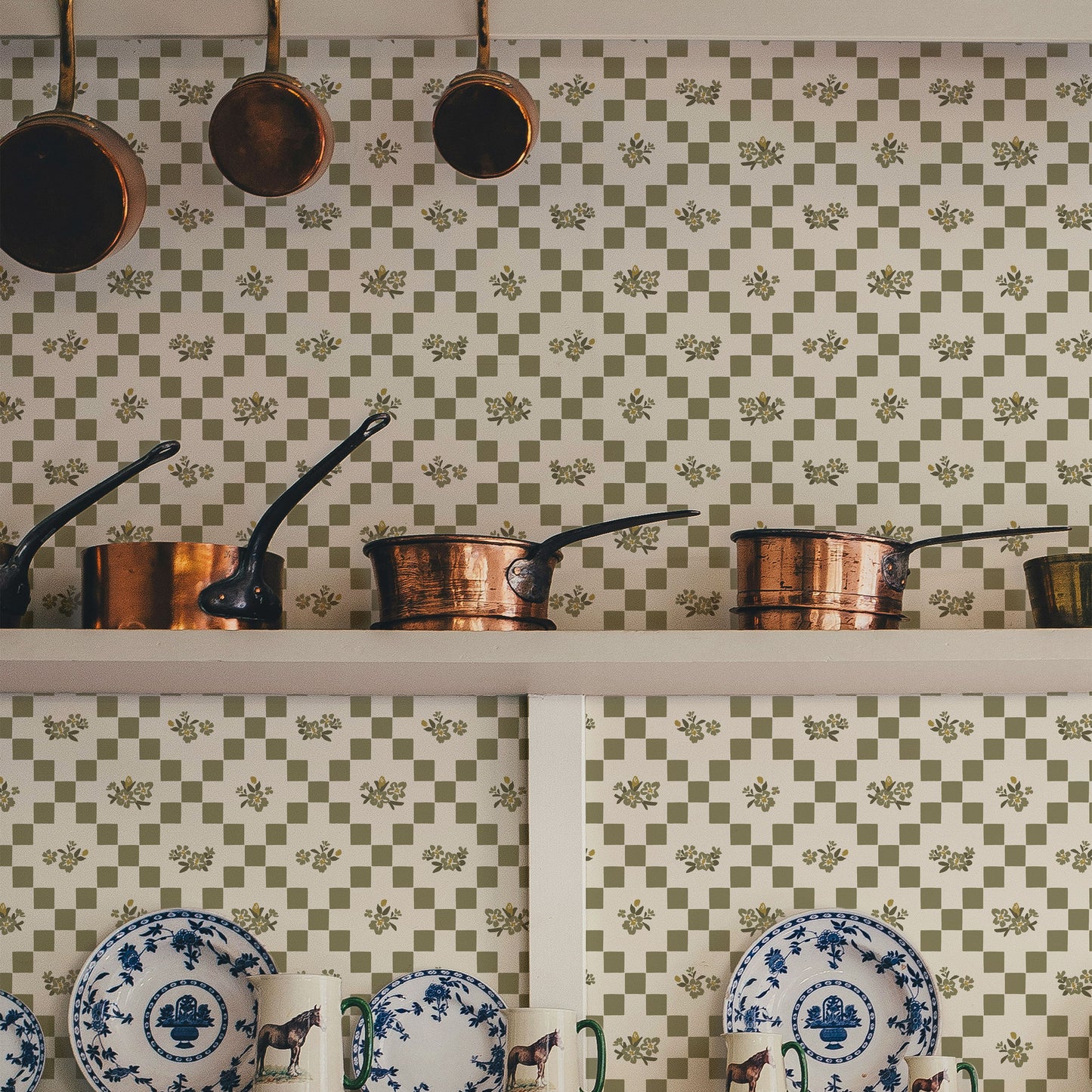Vintage Bloom Mosaic Wallpaper in Olive Green shown in a pantry.