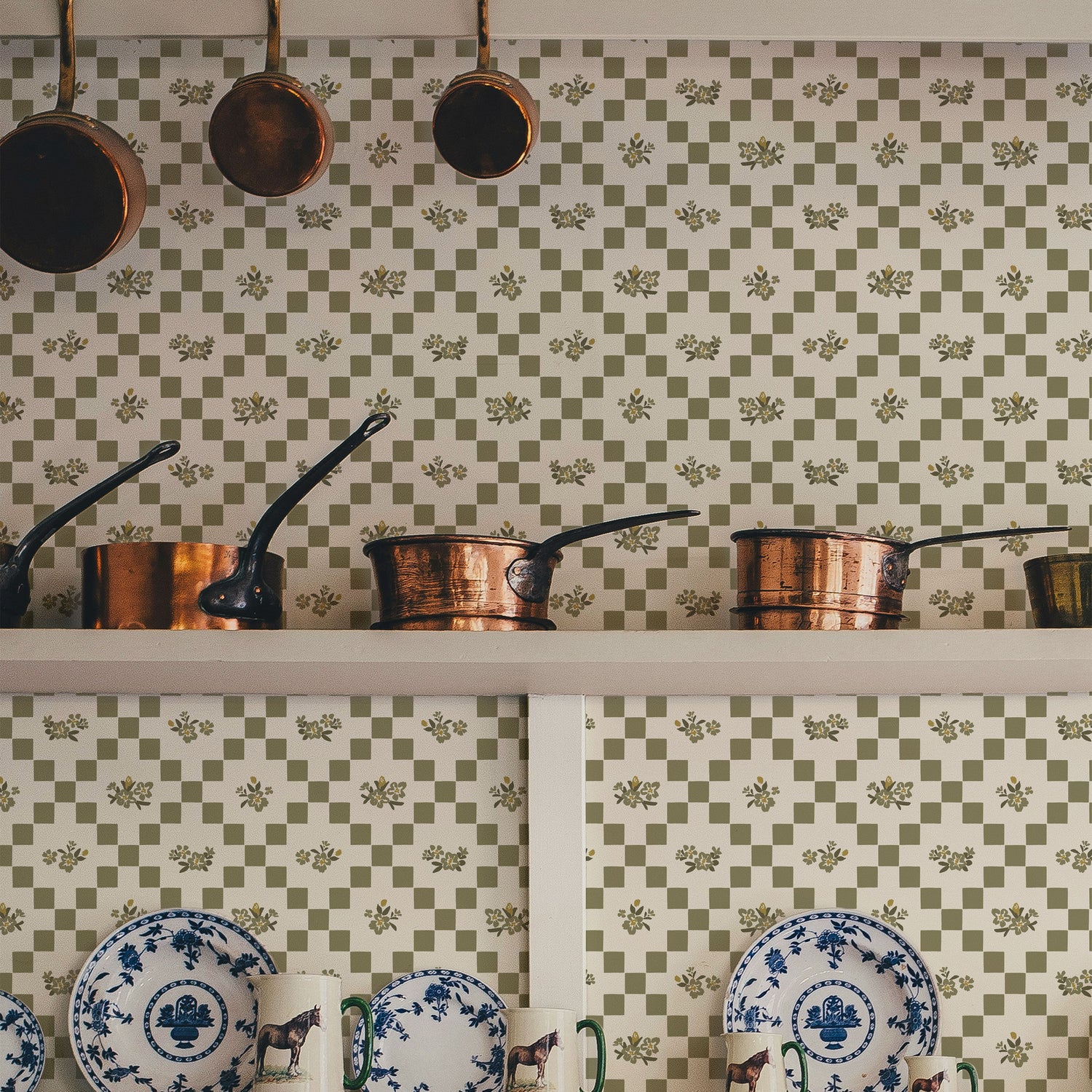 Vintage Bloom Mosaic Wallpaper in Olive Green shown in a pantry.