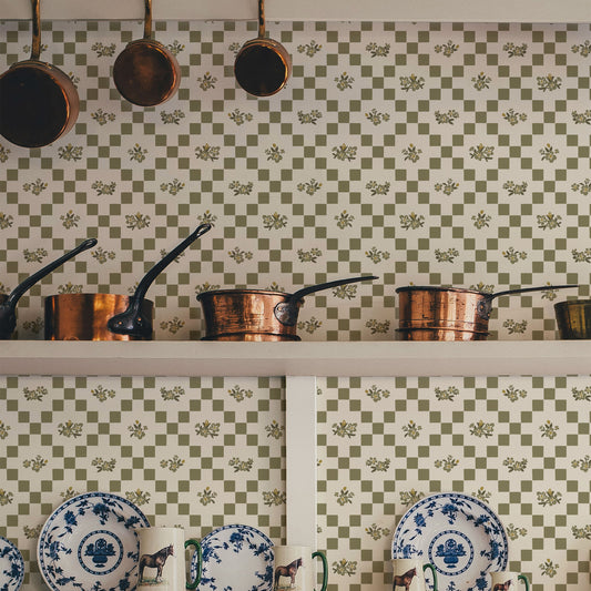 Vintage Bloom Mosaic Wallpaper in Olive Green shown in a pantry.