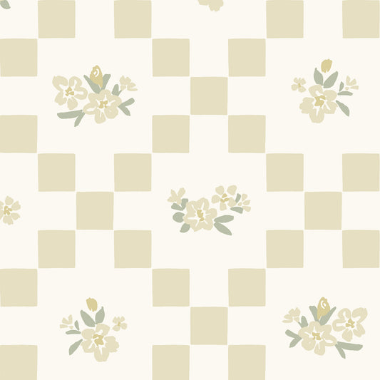 The Vintage Bloom Mosaic wallpaper in Butter cream shown close up.