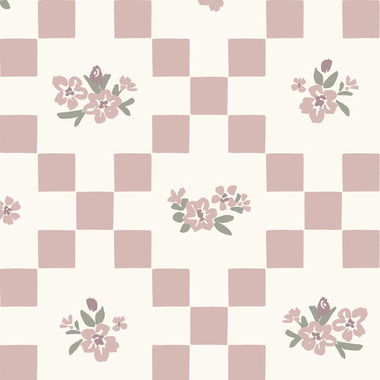Vintage Bloom Mosaic Wallpaper in Dusty Pink shown close up.