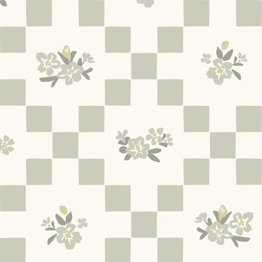 Vintage Bloom Mosaic Wallpaper in Minty Green shown close up.