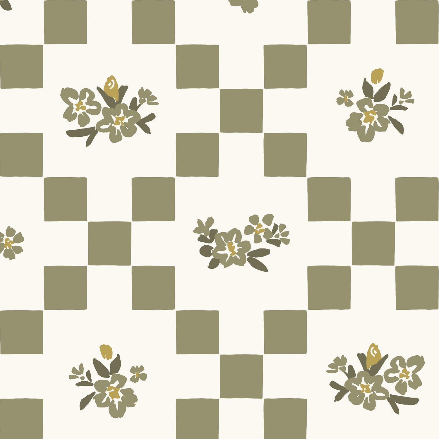 Vintage Bloom Mosaic Wallpaper in Olive Green shown close up.