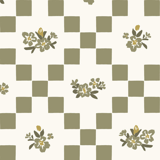 Vintage Bloom Mosaic Wallpaper in Olive Green shown close up.