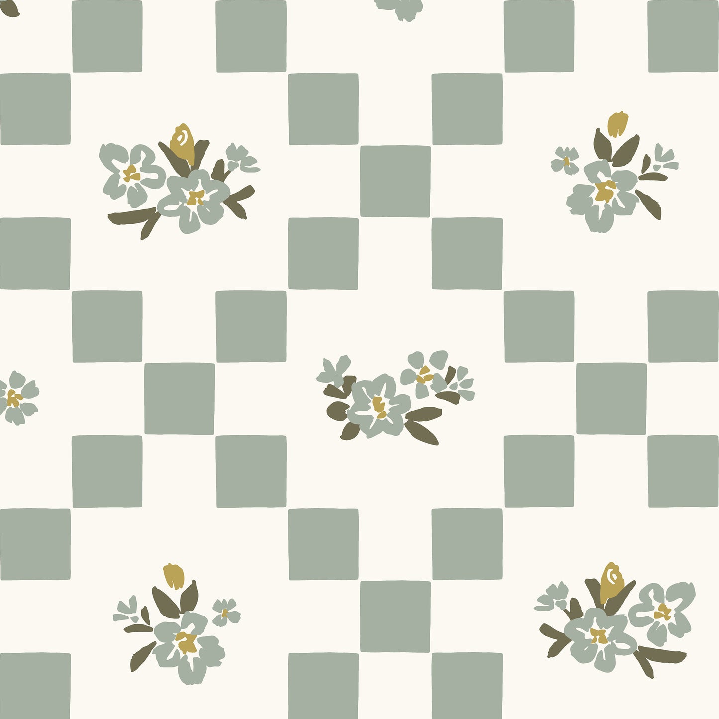Vintage Bloom Mosaic Wallpaper in Sage Green shown close up.