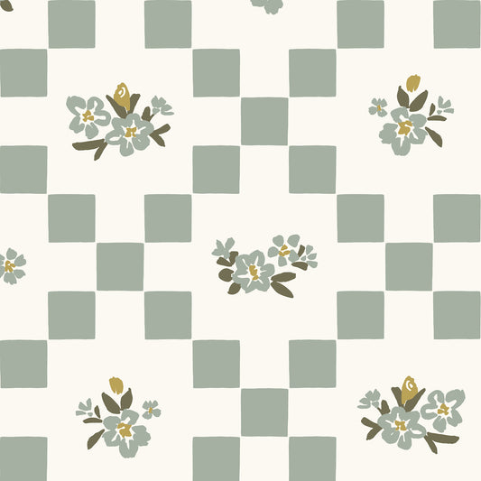 Vintage Bloom Mosaic Wallpaper in Sage Green shown close up.