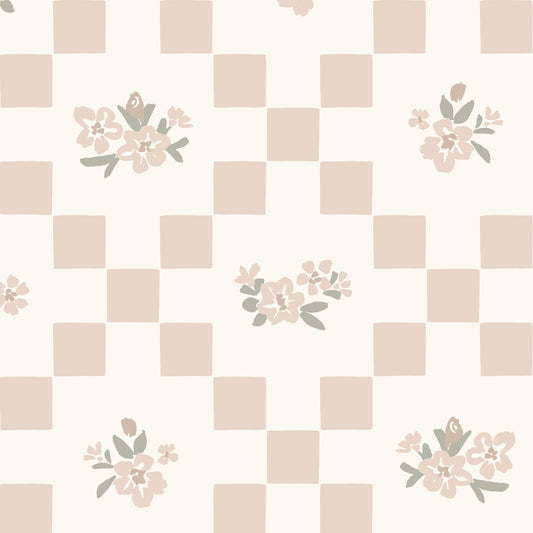 Vintage Bloom Mosaic Wallpaper in Soft Baby Pink shown close up.