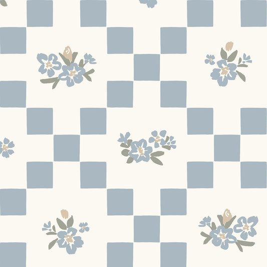 Vintage Bloom Mosaic Wallpaper in Soft Blue shown close up.