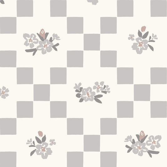 Vintage Bloom Mosaic Wallpaper in Soft Gray shown close up.