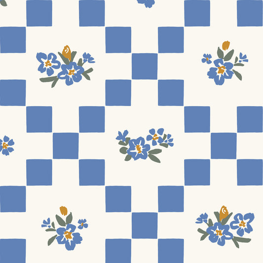 Vintage Bloom Mosaic Wallpaper in Summer Blue shown close up.