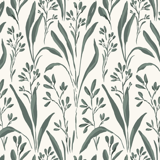 Vintage Grass Wallpaper in Lily Pad Green in a closeup view