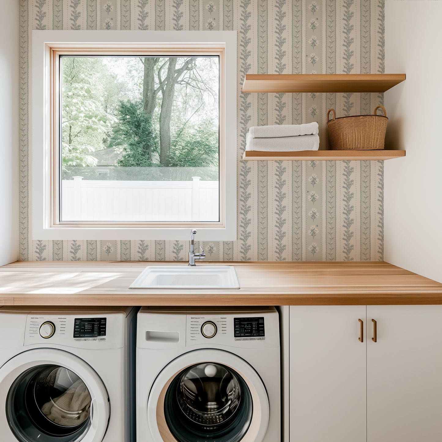 Vintage Stripes in Dusty Dream shown in a laundry room.