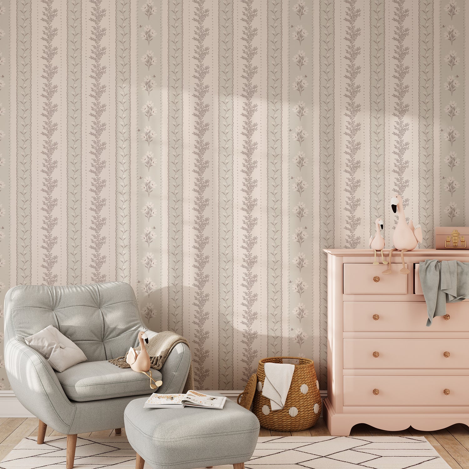 Vintage Stripes in Venis shown in a nursery. 