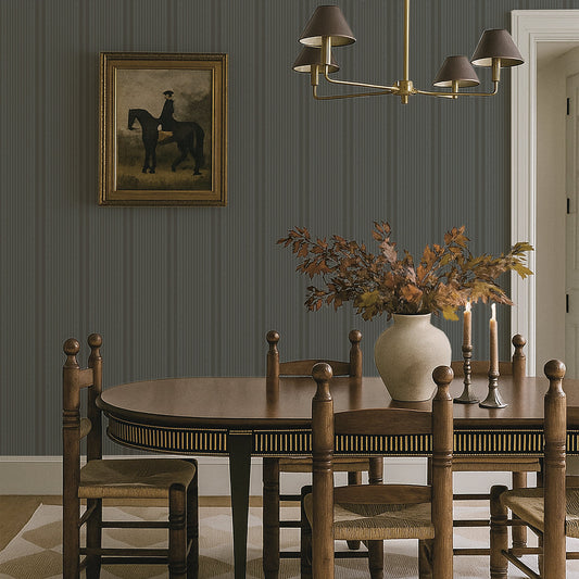 Dining room with wooden table and chairs, chandelier, and framed artwork on the wall. Vintage Vine Stripe Wallpaper featured in this room.
