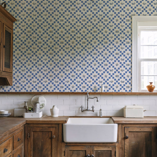 Vintage Bloom Mosaic Wallpaper in Summer Blue shown in a kitchen.