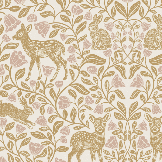 Woodland creatures wallpaper with deer, bunnies, and foxes with florals and leaves in gold. Closeup view